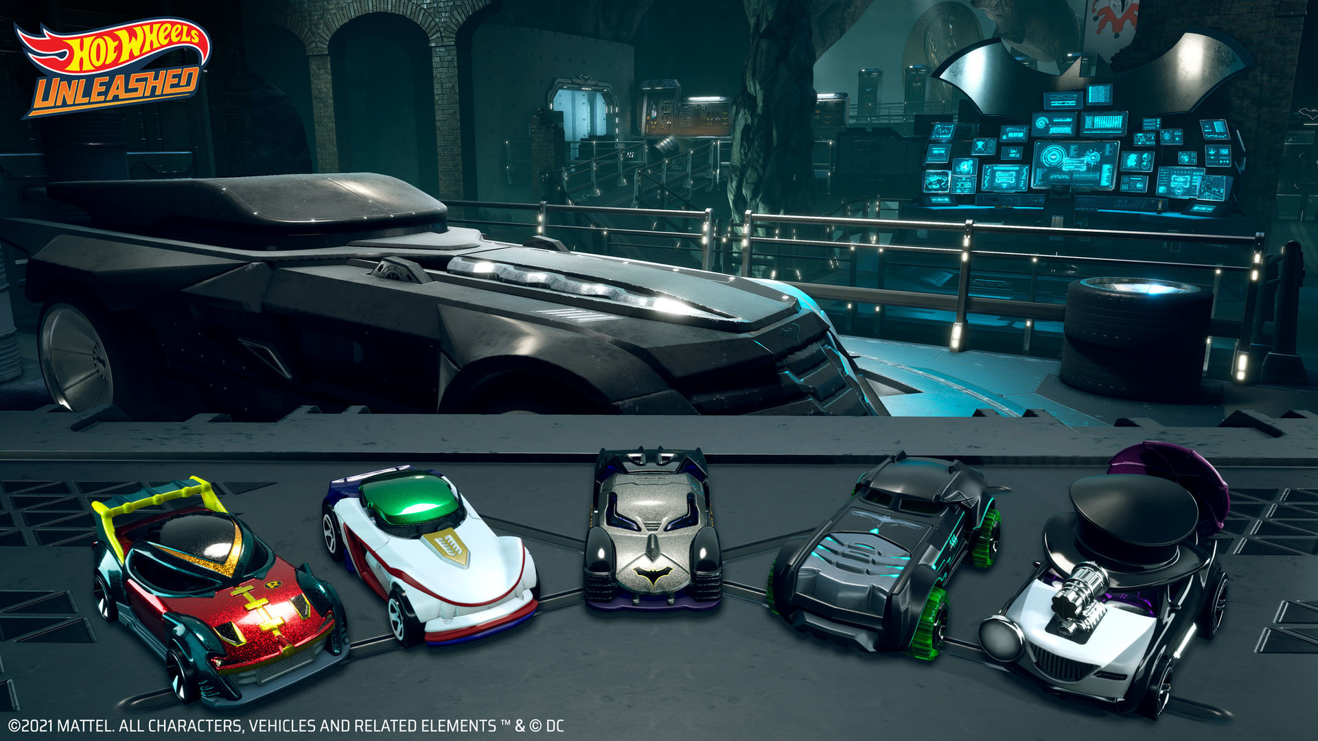 This image shows an in game image from the game Hot Wheels Unleashed. Showing the Batman range of vehicles for the game modelled in 3D by Glenda Studio 3D art outsourcing- vehicle and weapons design department, Vietnam