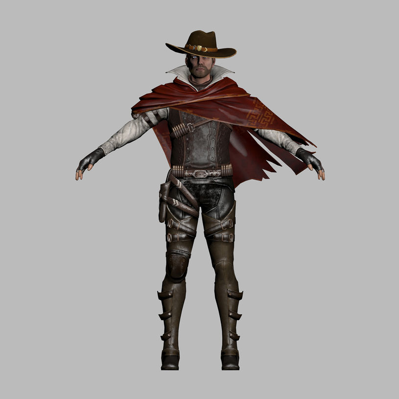 Realistic cowboy in red poncho, inspired from spaghetti westerns , as designed by the skilled team of artists at Glenda Studio, Vietnam,