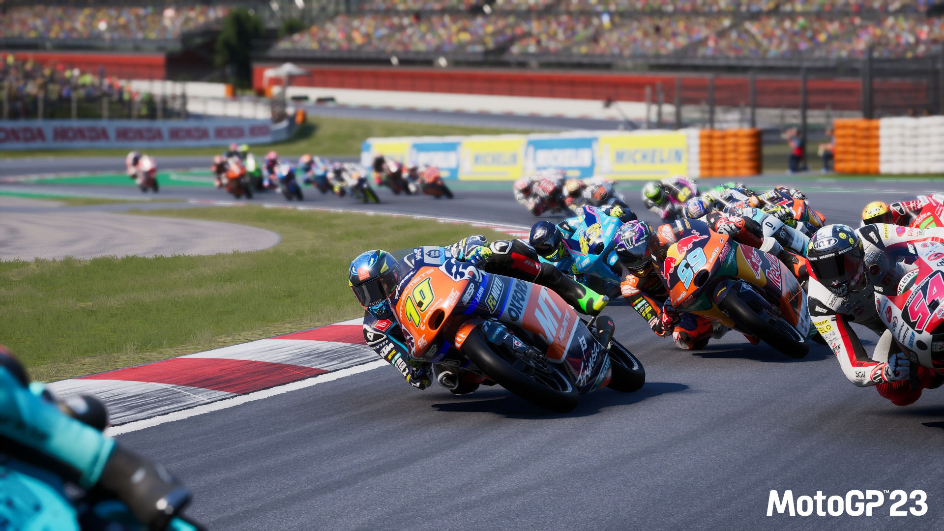 This image shows an in game image from 
 the video game MotoGP 23. Liveries were created by Glenda Studio 3D art outsourcing- vehicle and weapons design department, Vietnam