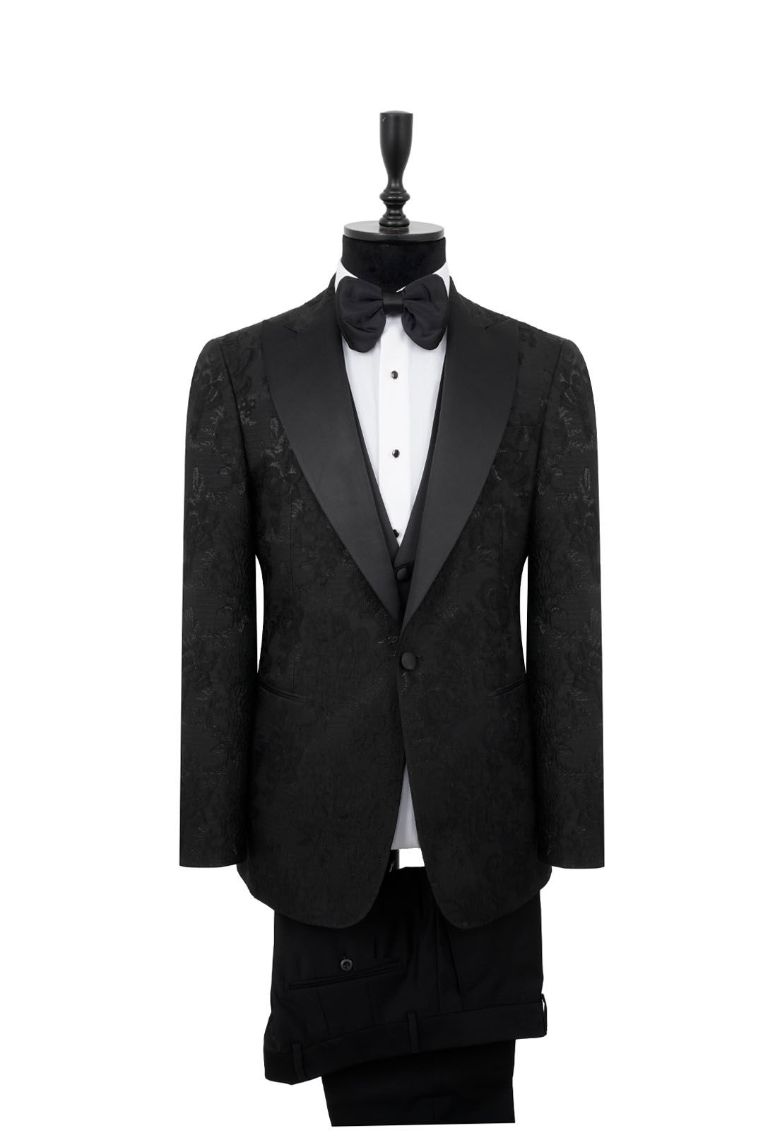 Men's Ceremony Suit Black Flower Pattern Sateen Peak Lapel