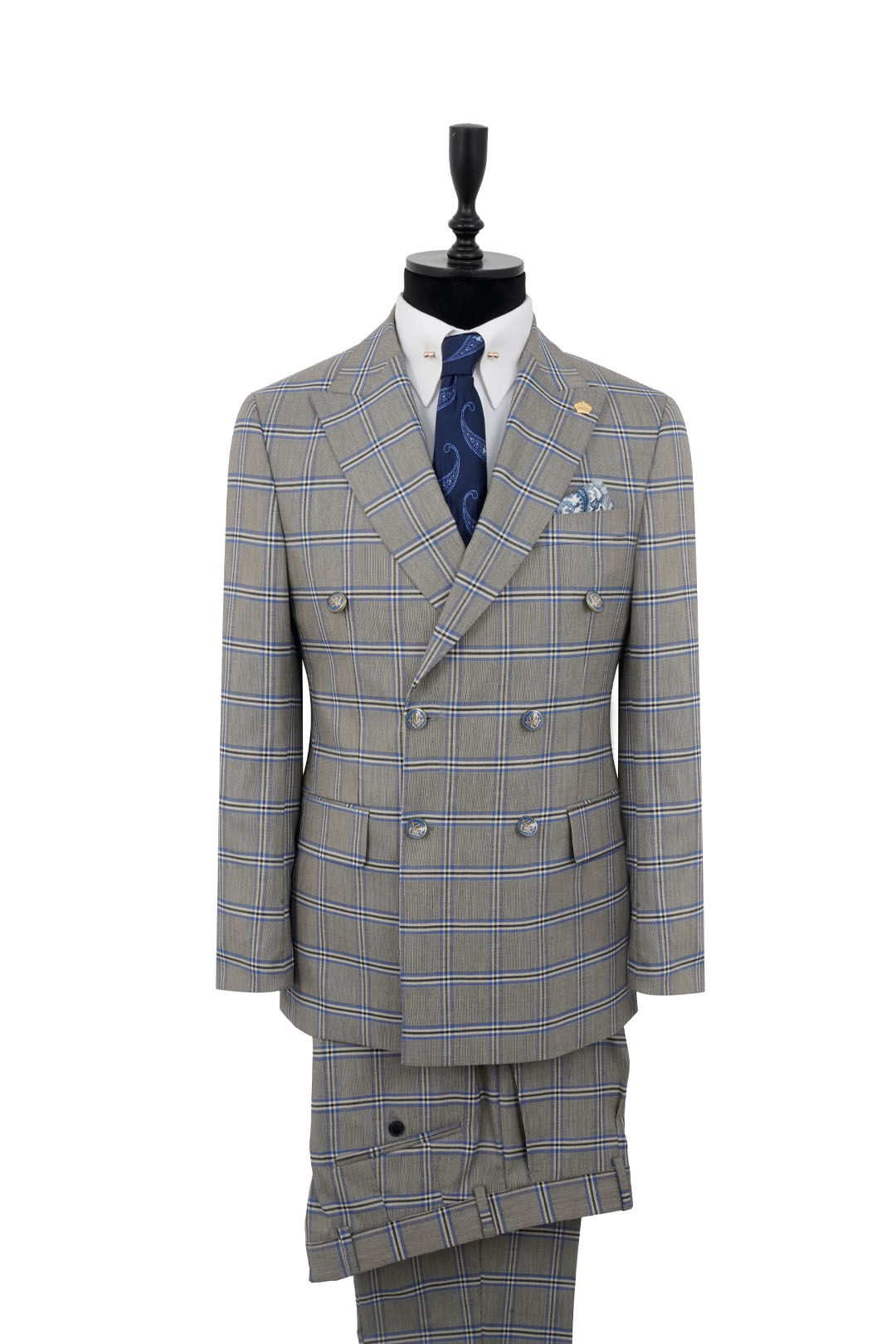 Men's Double Breasted Suit Grey-Blue