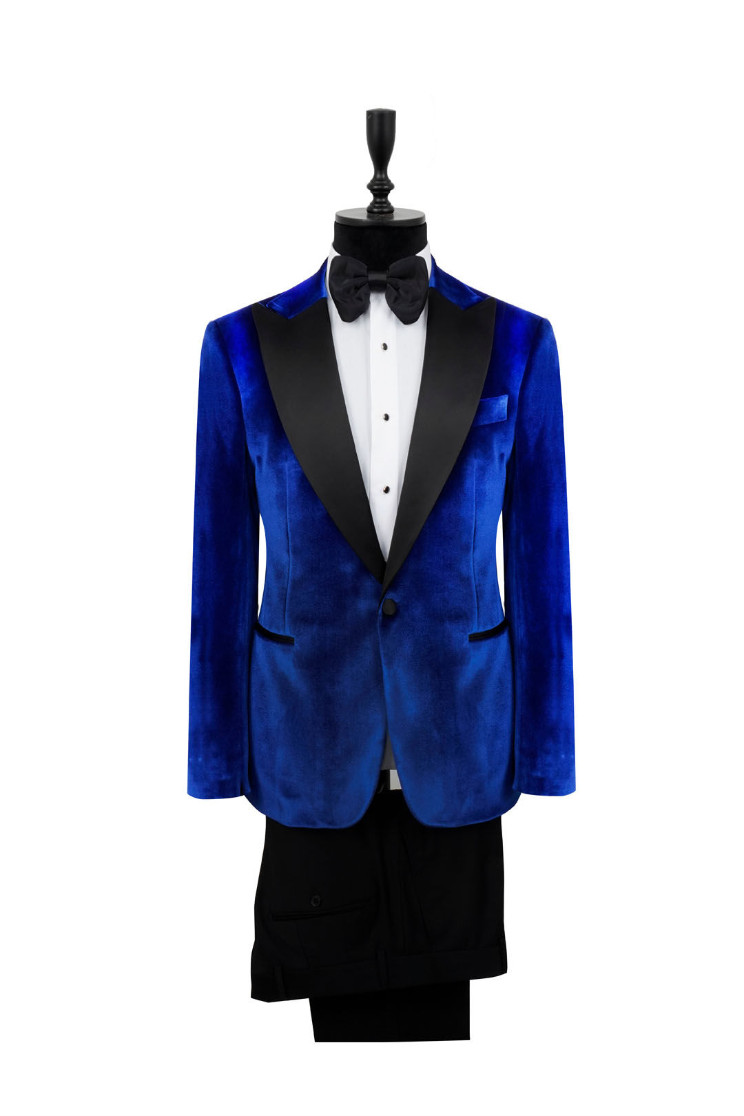 Men's Ceremony Suit Black Sateen Peak Lapel Velvet Blue