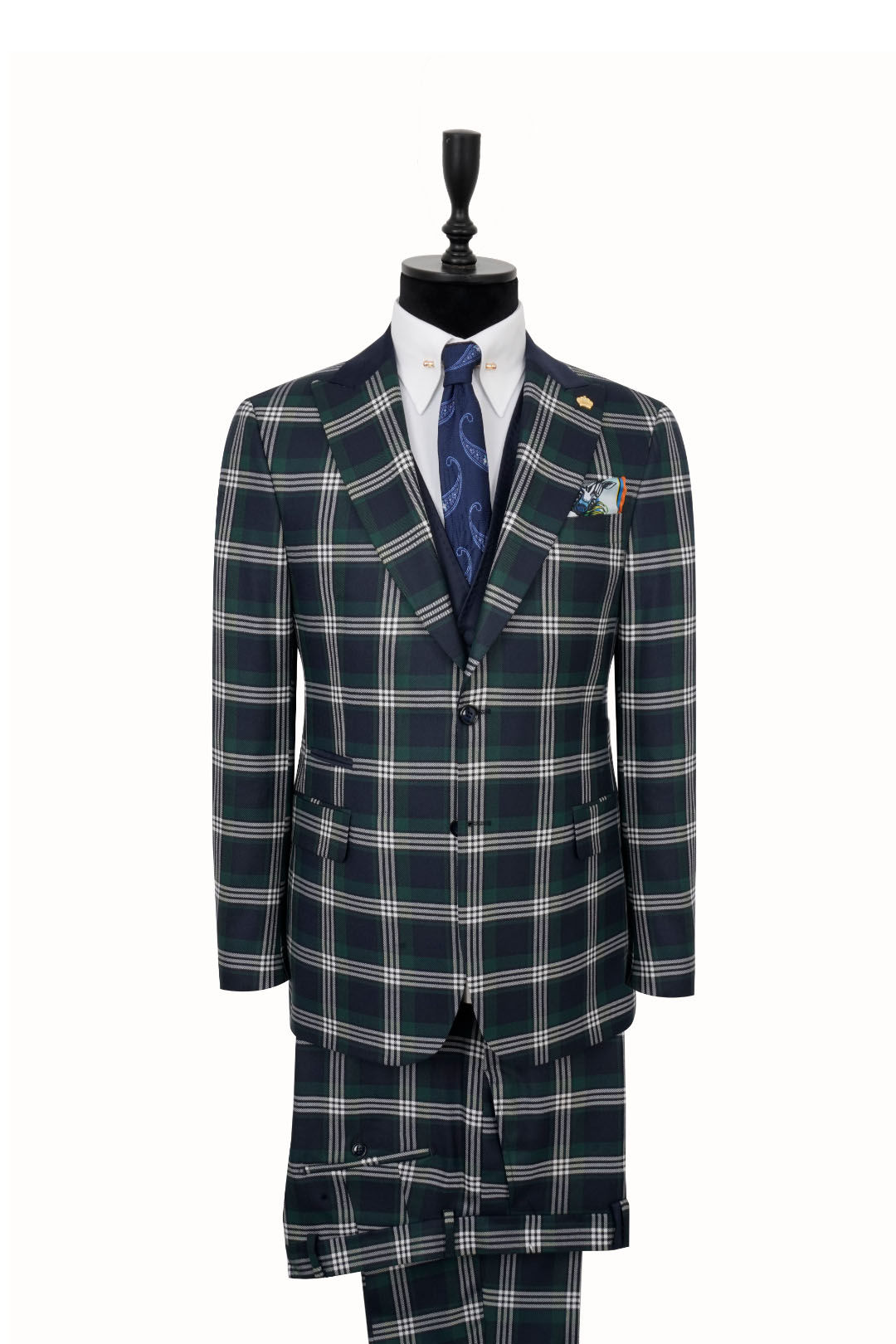 Men's Suit Peak Lapel Green-White Checked Wool