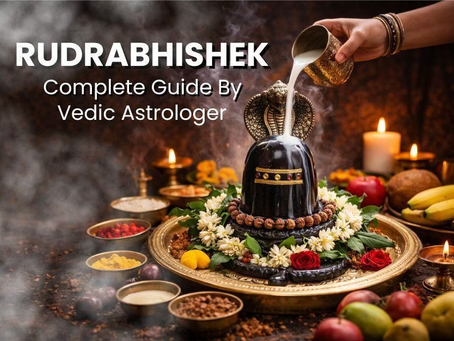 Rudrabhishek puja with Shiva Lingam being bathed with milk, surrounded by flowers, fruits, and sacred offerings.