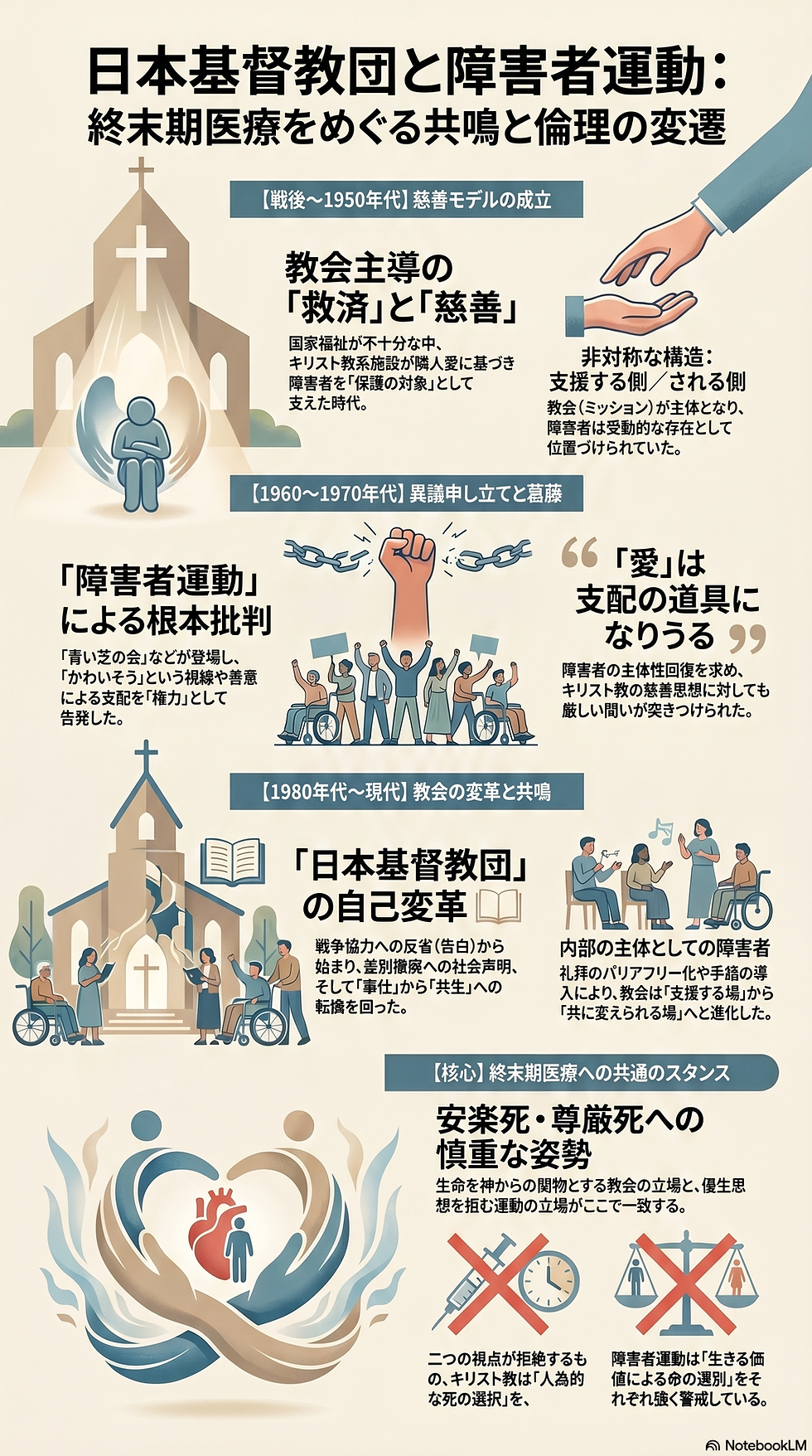 日本基督教団と障害者運動の変遷を示す日本語インフォグラフィック。教会、車椅子の人々、握る手、十字架に赤い×など。