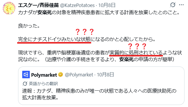 Xの投稿画面のスクリーンショット。斉藤佳苗の日本語投稿とPolymarket埋め込みがあり、安楽死拡大計画への批判文に赤い「???」と下線が付いている。