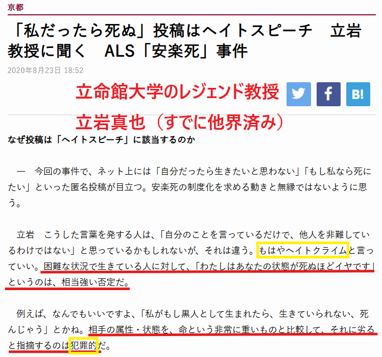 京都新聞の記事画面で、見出し「『私だったら死ぬ』投稿はヘイトスピーチ 立岩教授に聞く ALS『安楽死』事件」と表示され、本文に赤黄の強調線やSNSアイコンがある。