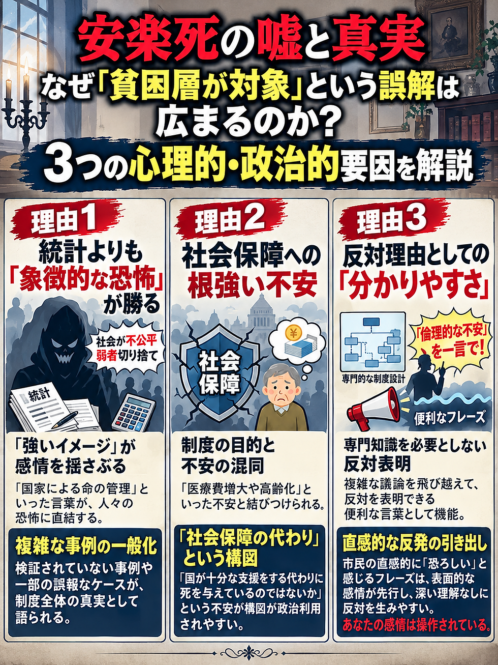 安楽死の嘘と真実を解説する日本語インフォグラフィック。理由1〜3、社会保障や不安、不快な表現への反発を図解。