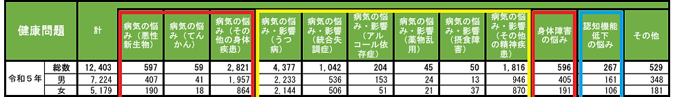 令和5年の健康問題に関する表。性別別の総数や身体障害、疾病、認知機能低下の悩みなどを記載。色分けされた枠が強調。