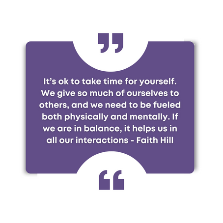Self-care quote by Faith Hill on a purple background: 'It’s ok to take time for yourself... If we are in balance, it helps us in all our interactions.' — A gentle reminder from Her Smooth Moves to prioritize your well-being through massage therapy and holistic care.
