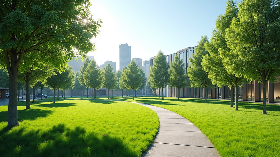 Wide angle view of a modern outdoor park with green lawns and walking paths