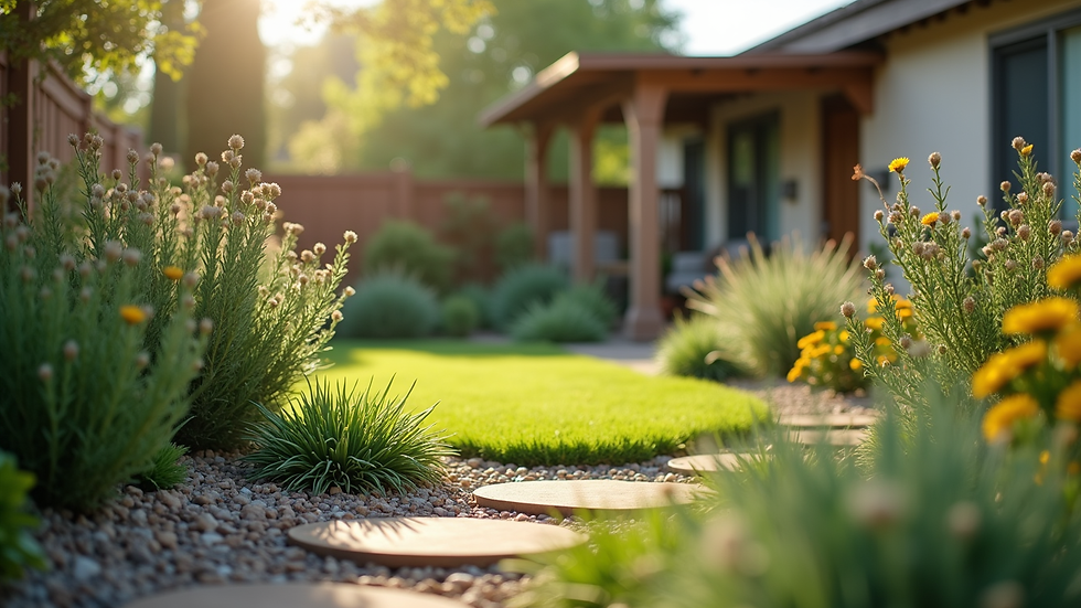 Eye-level view of a well-maintained backyard garden with drought-tolerant plants