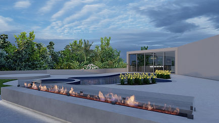 La Jolla landscape render of a large custom fire pit and pool