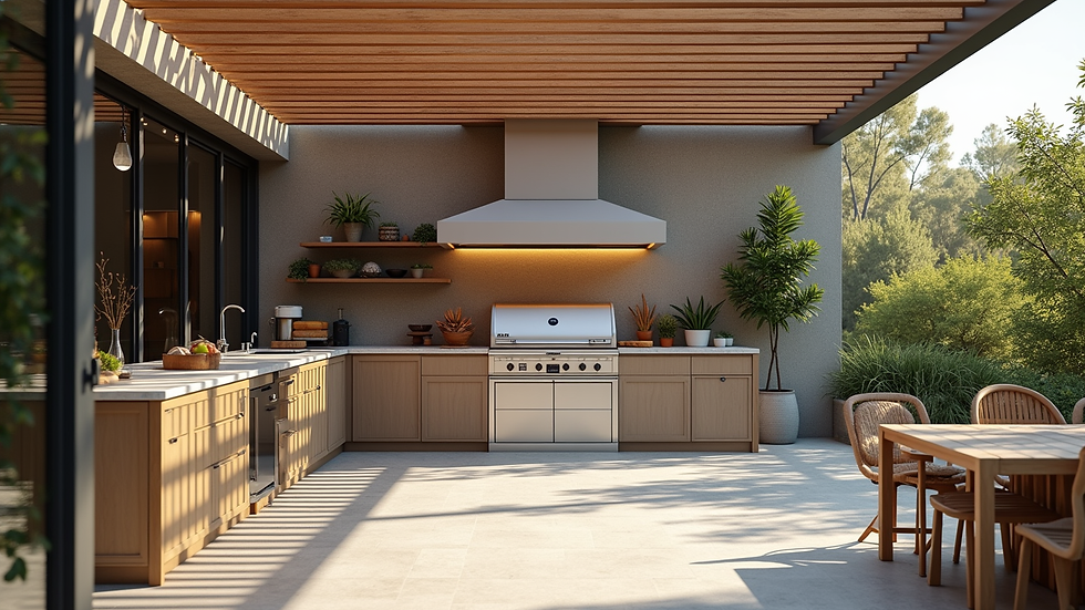 Eye-level view of modern outdoor kitchen with stainless steel appliances and wooden pergola