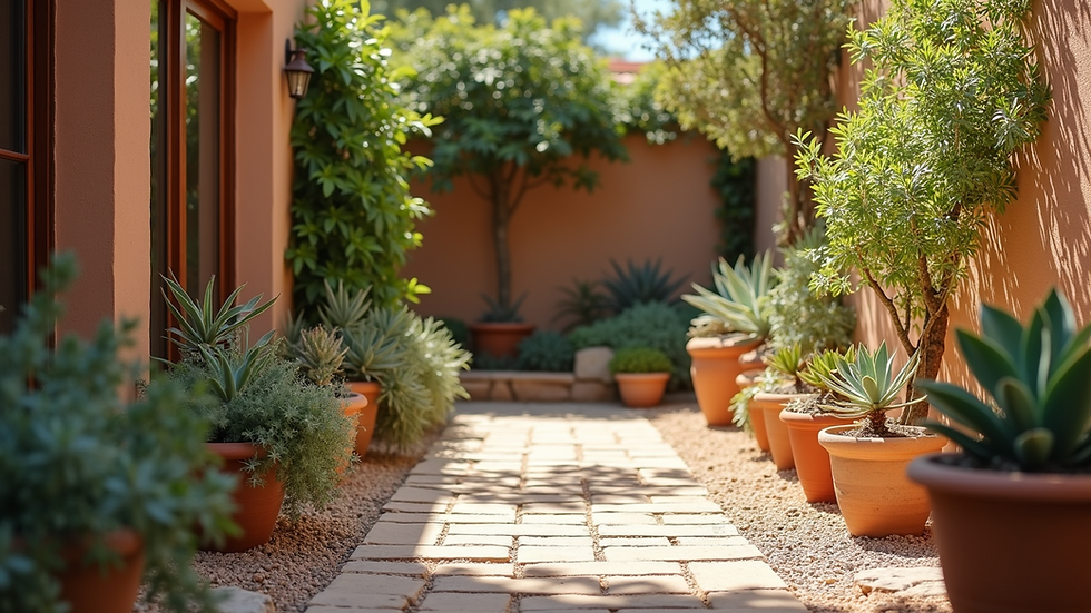 Wide angle view of a Mediterranean-style garden with terracotta pots and succulents