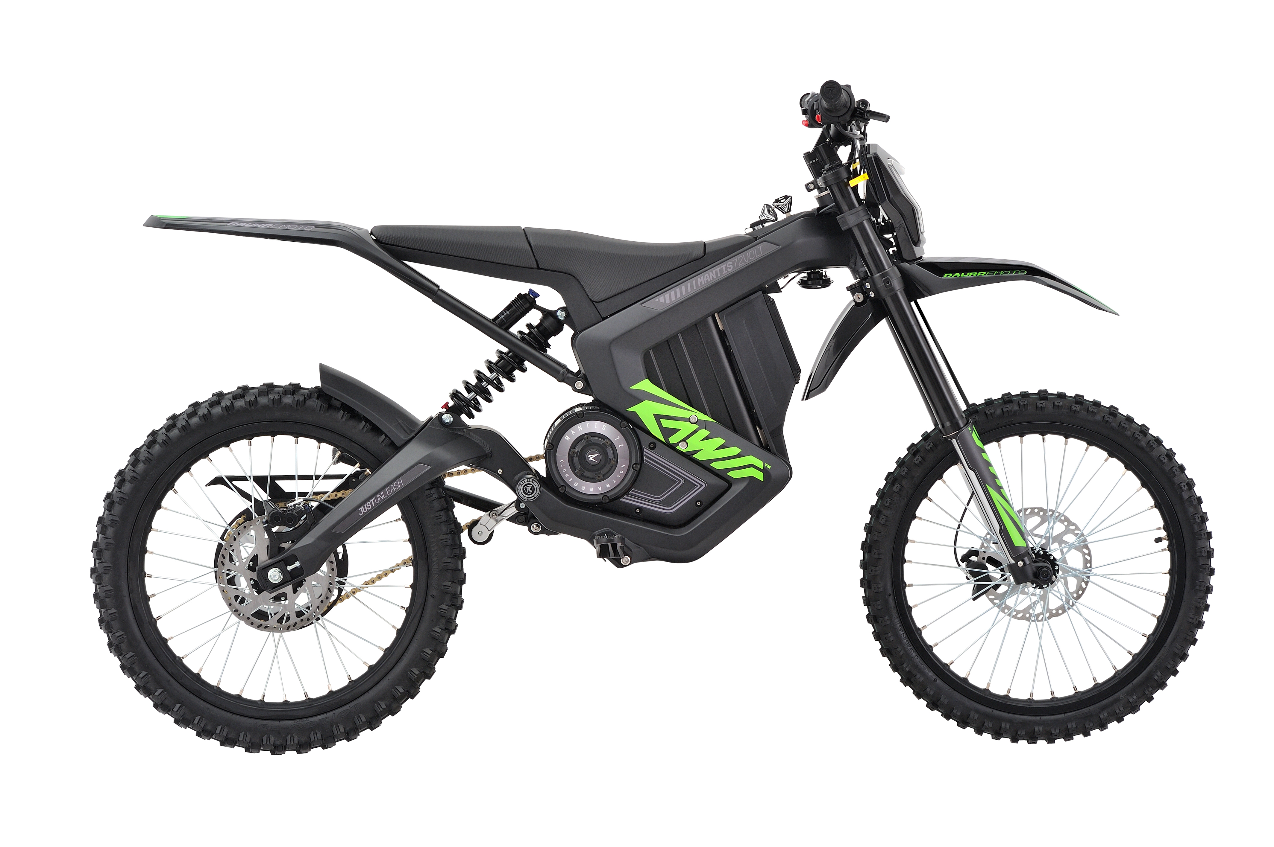 Rawrr Mantis electric dirt bike, side profile on white background