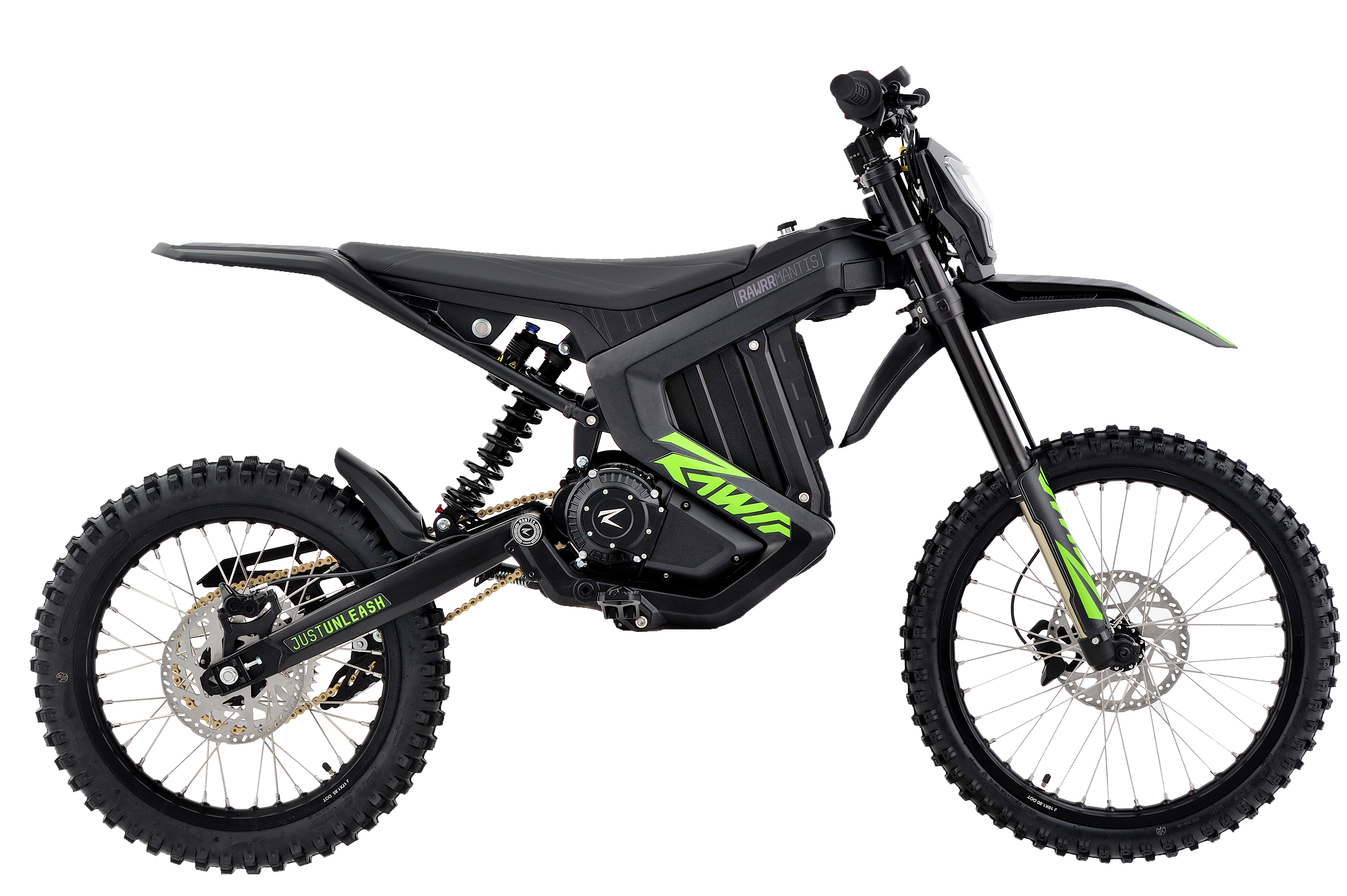 Rawrr Mantis X electric dirt bike, side profile on white background