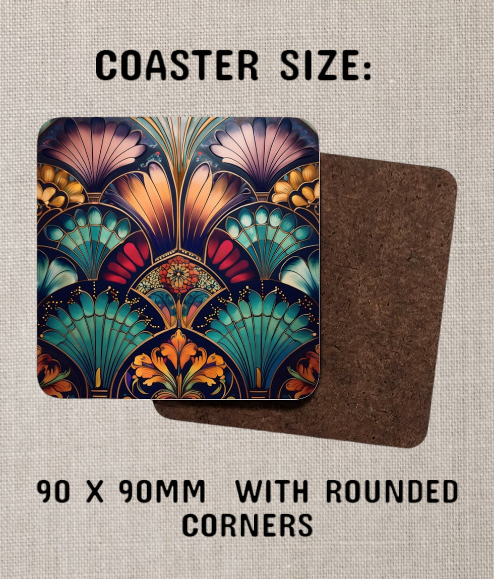 Thumbnail: 4 Art Deco coasters in red, teal and gold with size description