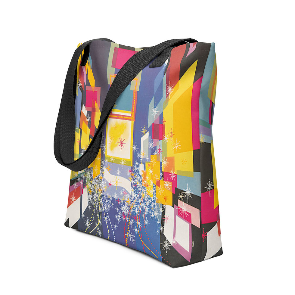 Thumbnail: Large tote bag for women with a black handle, featuring an abstract print of New York by artist David Klein