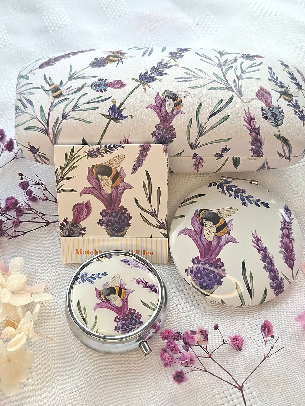 Wildflower Bee Gift Set in Purple Meadow botanical design, a wildflower gift for her with matching accessories