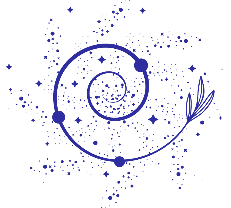 galho com folha na ponta formato espiral de tom Lilás com pequenas estrelas em volta