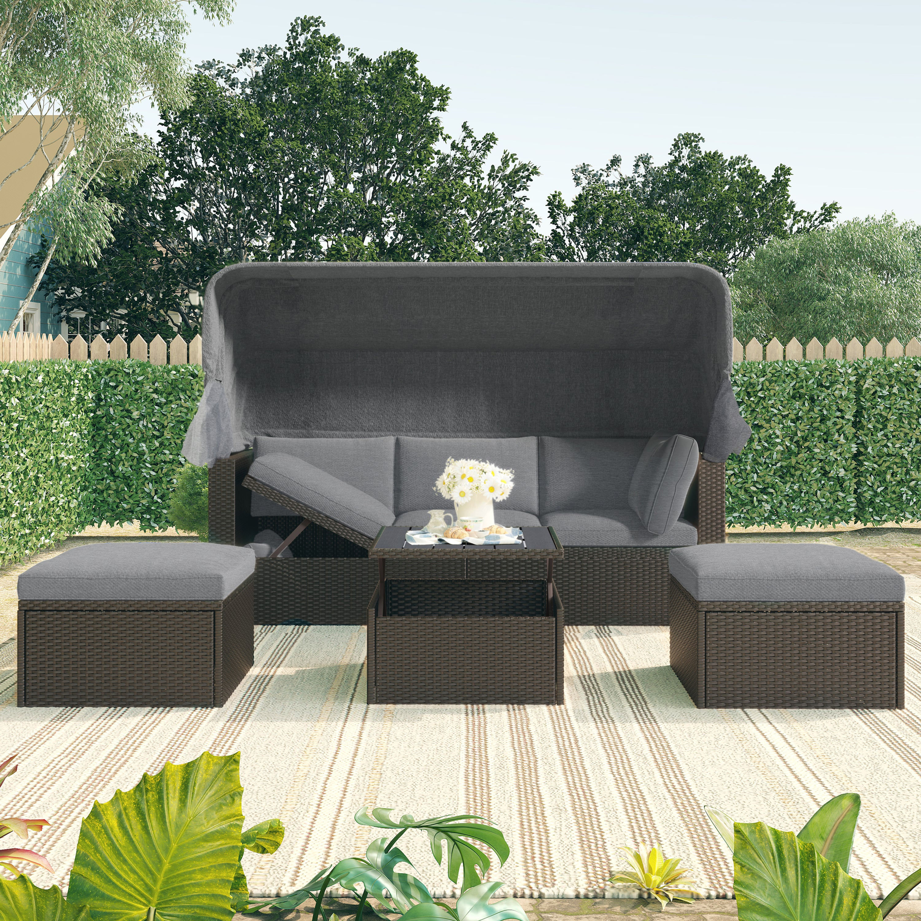 Outdoor Patio Rectangle Daybed With Retract Canopy,  Wicker Sectional Seating