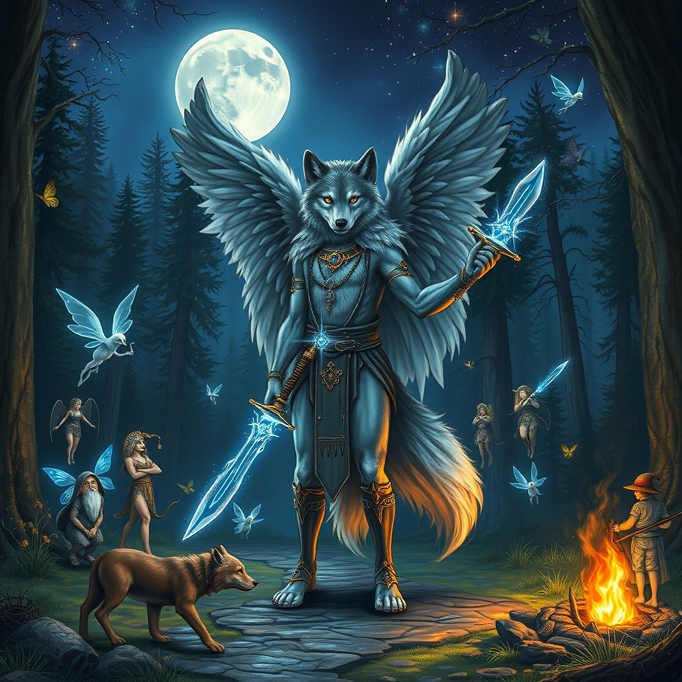 Spiritual magician-warrior, a gray-and-white striped wolf–human angel hybrid, stands in an