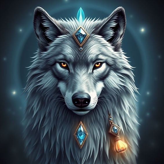 Spiritual grey wolf with white strips that controls the water and air elements with decora