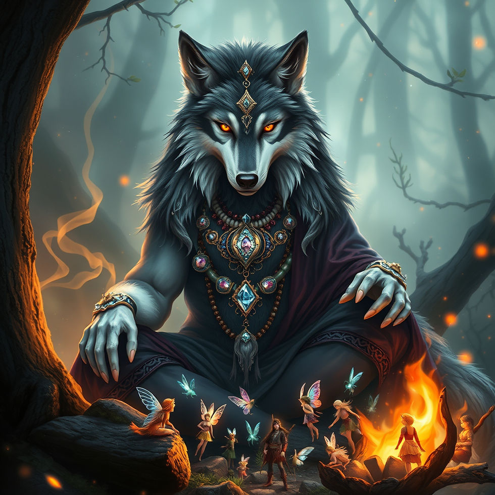 “Digital painting of a spiritual magician, half gray-and-white wolf and half human, adorne