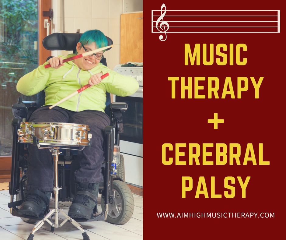 Music Therapy + Cerebral Palsy; woman with cerebral palsy plays the drum