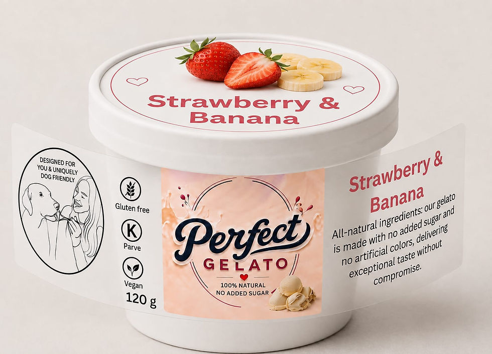 Product photo of Perfect Gelato strawberry and banana ice cream tub on a light background, landscape