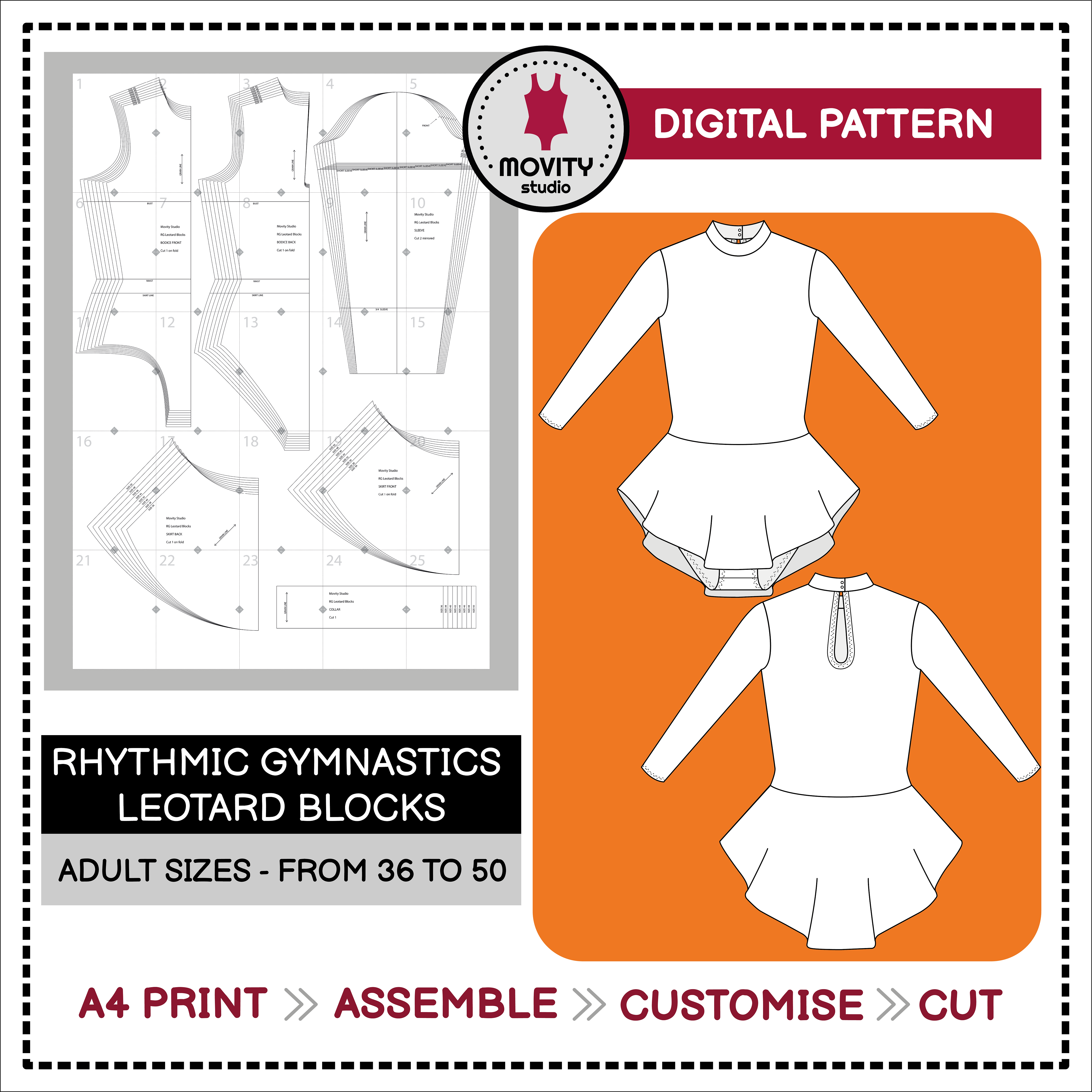 Digital Patterns Rhythmic Gymnastics Leotard Blocks Adult Sizes