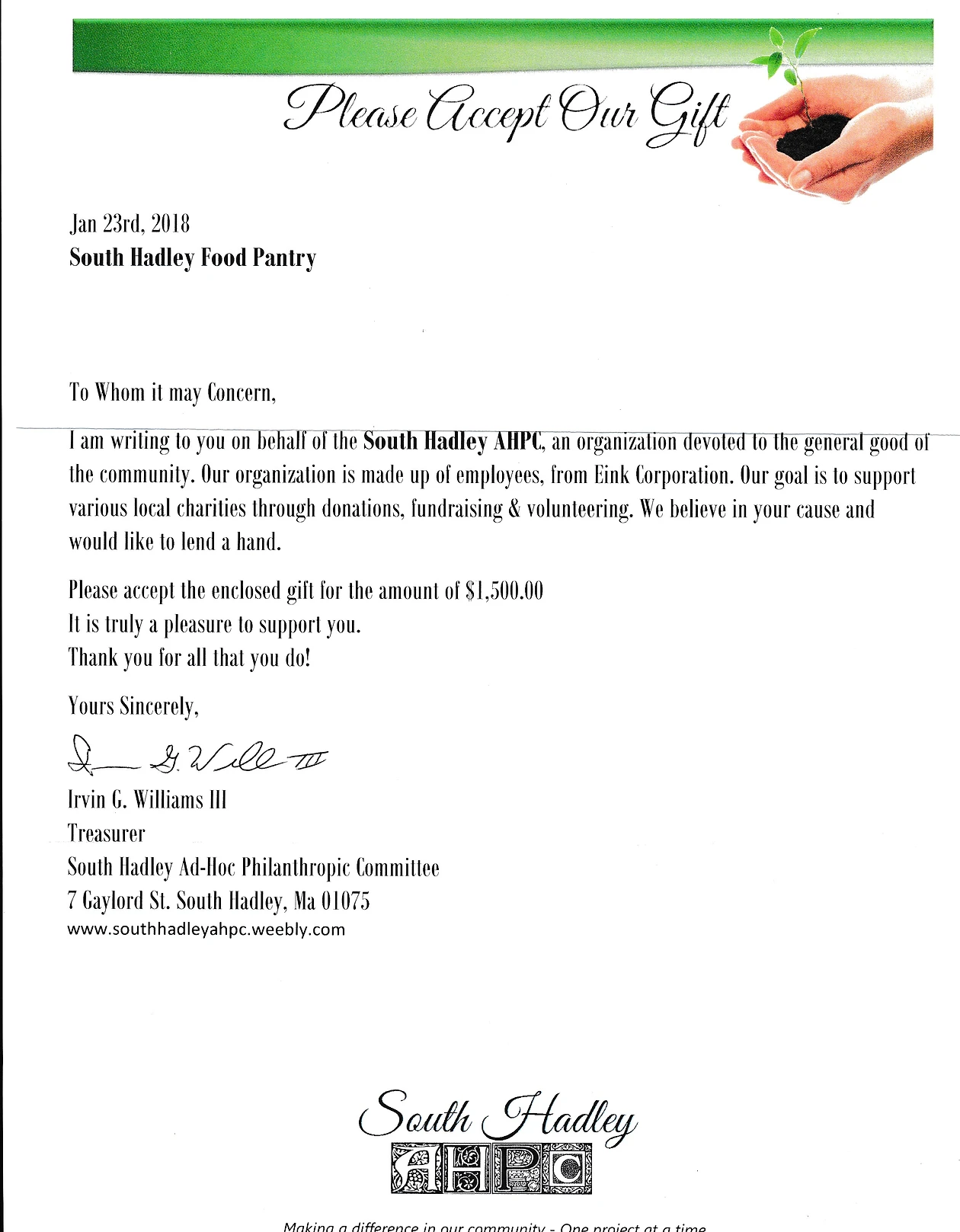 Many Thanks To The South Hadley Ad Hoc Philanthropic Committee At