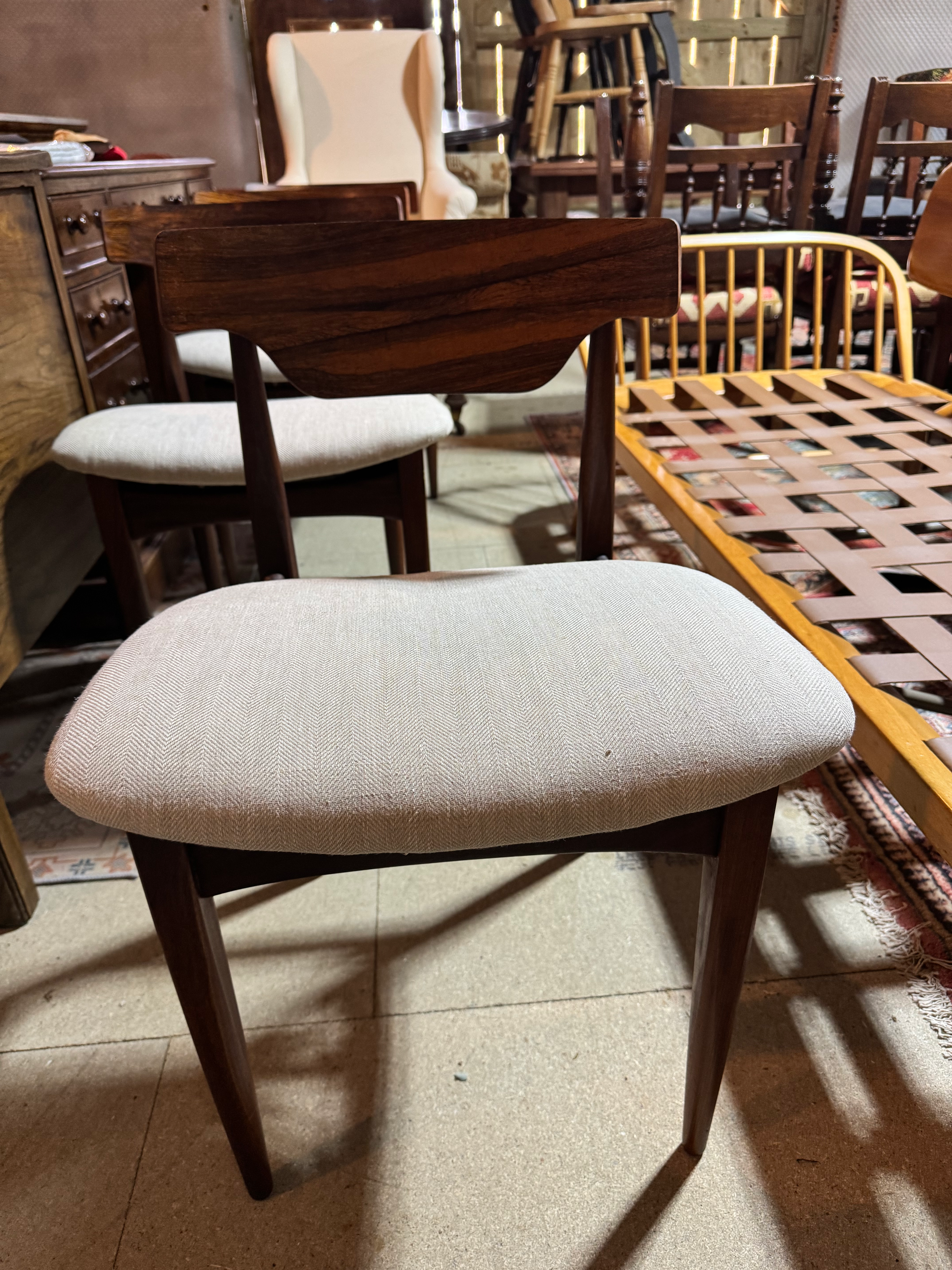 SOLD Set of four Mid Century Rosewood and Teak Danish Style Dining Chairs