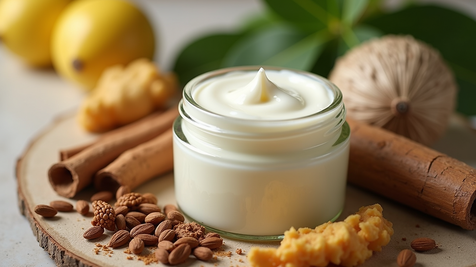 Close-up view of a jar of organic body lotion surrounded by natural ingredients