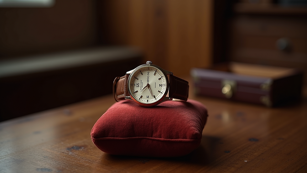Brown leather-strap watch on a red cushion on a wooden table. Soft lighting, blurred background with a brown box. Elegant and classic vibe.