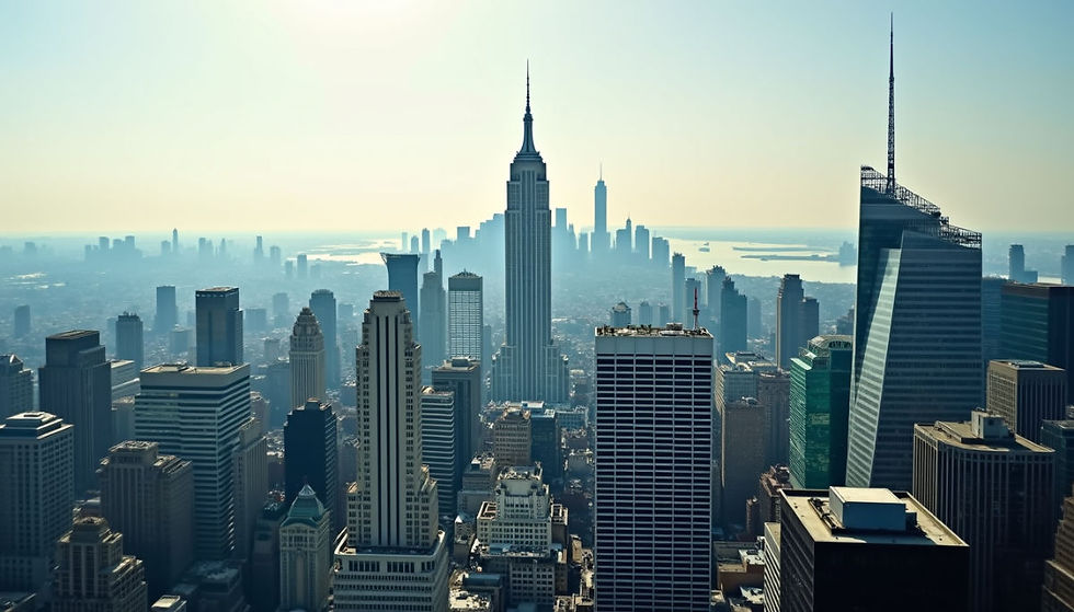 High angle view of a financial district skyline with skyscrapers