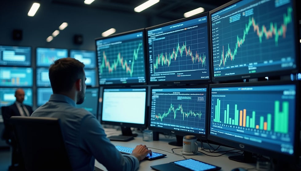 Eye-level view of logistics control room with multiple screens displaying supply chain data