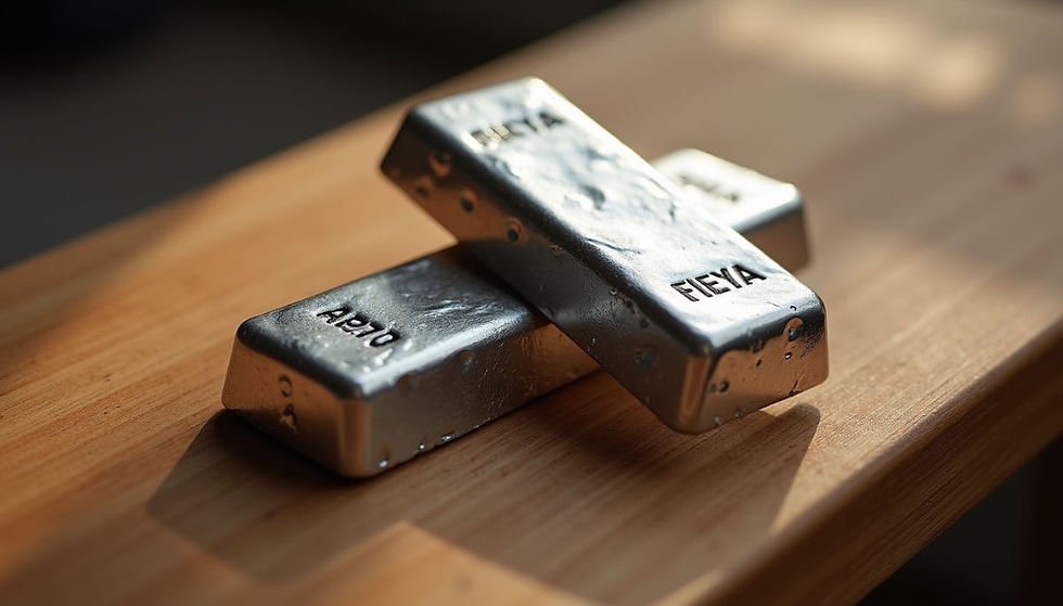 High angle view of silver bars arranged on a dark wooden table