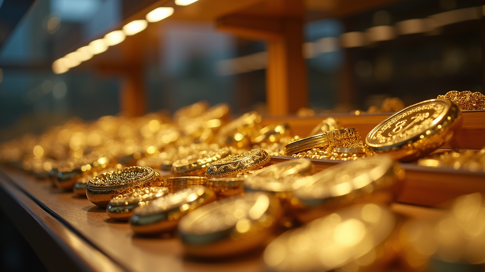 Eye-level view of a display case filled with various precious metals