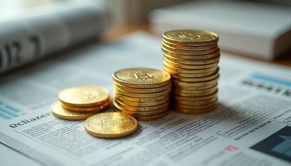 Close-up view of gold coins stacked on a wooden table