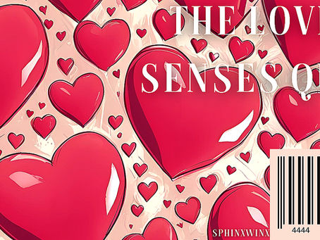 A light pink background with a pattern of red hearts of varying sizes and the words "THE LOVE & SENSES QUIZ" in a bold white font. A barcode sits in the lower right corner.