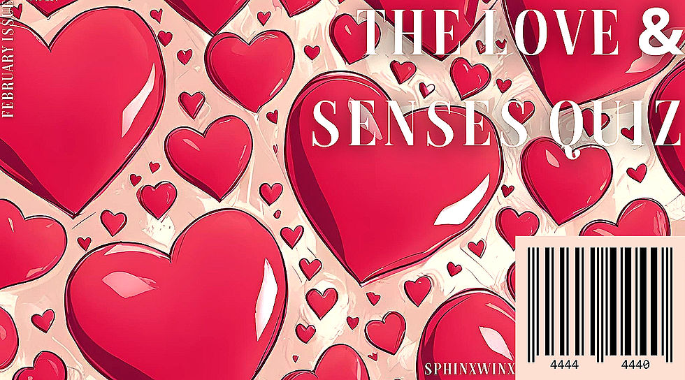A light pink background with a pattern of red hearts of varying sizes and the words "THE LOVE & SENSES QUIZ" in a bold white font. A barcode sits in the lower right corner.