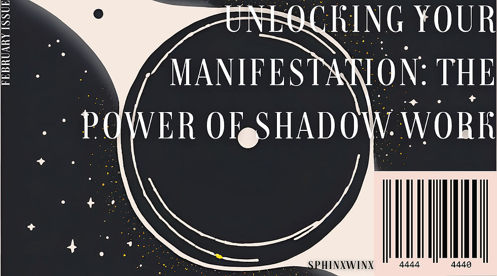 A graphic design features a black circle with the text "Unlocking Your Manifestation: The Power of Shadow Work" by SphinxWinx in white text. The circle is set against a light background with a barcode on the right.
