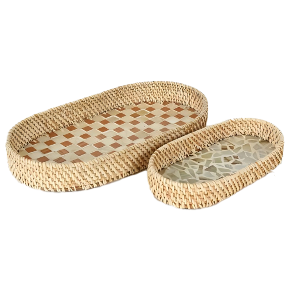 Oval Woven Tray with Shell Mosaic Base