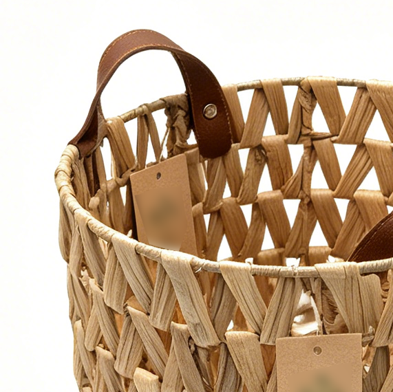Thumbnail: Woven Water Hyacinth Storage Basket with Leather Handles – Open-Weave Round Bask