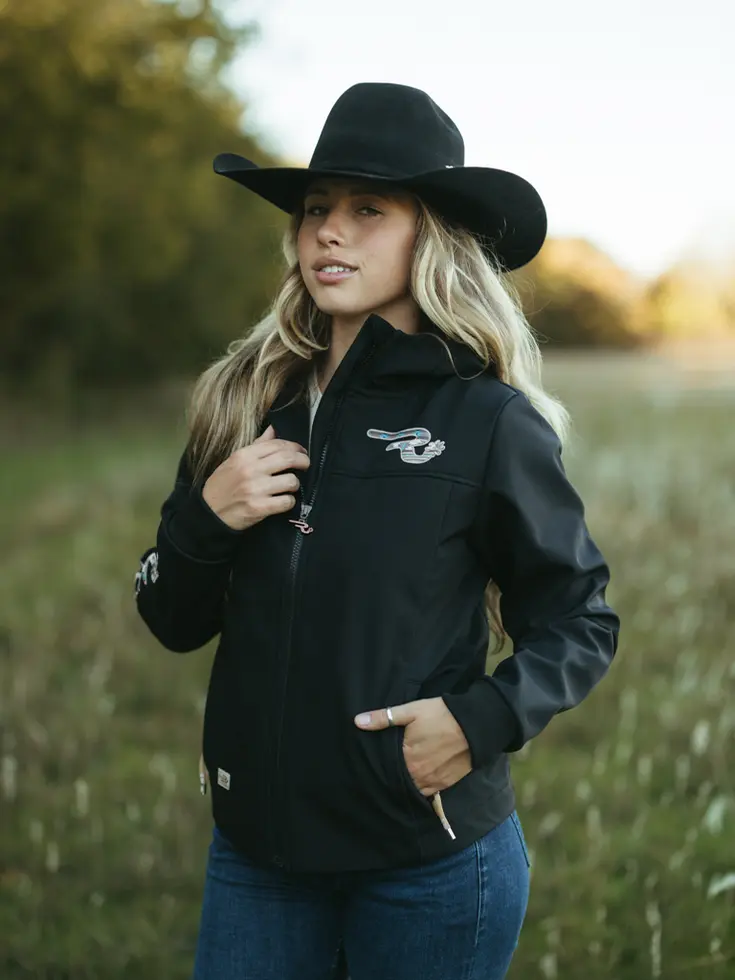 sporty, black softshell jacket in western fashion design