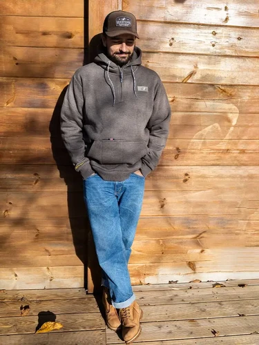 OS Men`s Hooded Half-Zip Sweatshirt `BRENTON` in melange-brown