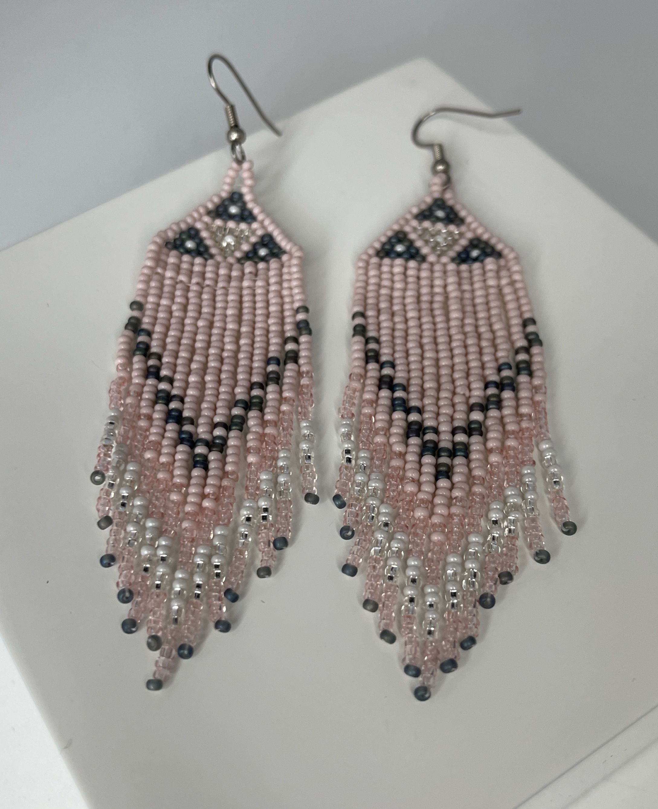 Pink and Gray Beaded Dangle Earrings