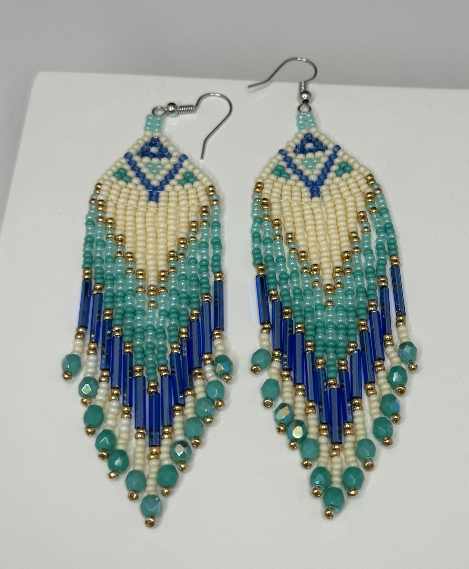 Cream, Teal, and Blue Dangle Earrings